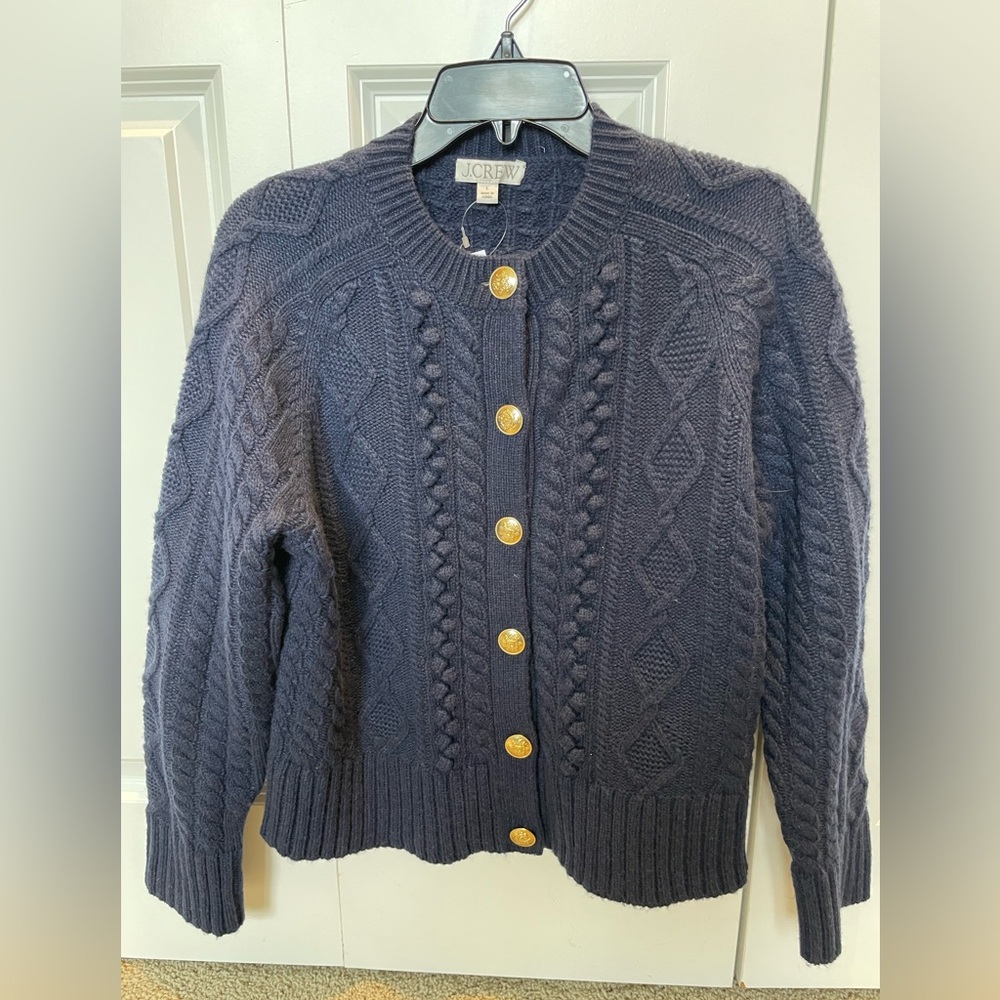 J. crew Cable Knit Cardigan. Navy blue. Size L. NWT.
